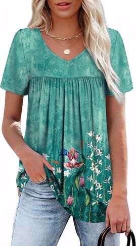WEESO Womens T Shirts Short Sleeve Pleated Dressy Casual V Neck Summer Tops Blouses in Saudi Arabia