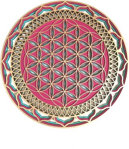 Anatoliawood Flower of Life Wooden Wall Art 70 cm (27.6"), Multilayer Sacred Geometry Mandala, Yoga Studio Meditation Decor, Fuchsia Green Gold Flower of Life in Saudi Arabia
