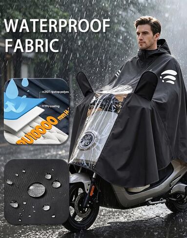 Waterproof Rain Poncho Bike Ebike with Mirror Sleeves Rain Capes Lightweight Compact Reusable for Adults (US, Alpha, 5X-Large, Regular, Long, BLACK) in Saudi Arabia