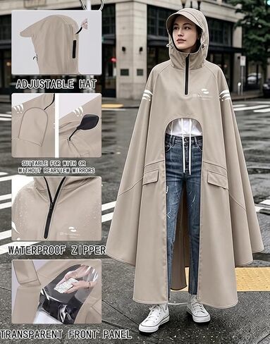 Waterproof Rain Poncho Bike Ebike with Mirror Sleeves Rain Capes Lightweight Compact Reusable for Adults (US, Alpha, 4X-Large, Regular, Long, BEIGE) in Saudi Arabia