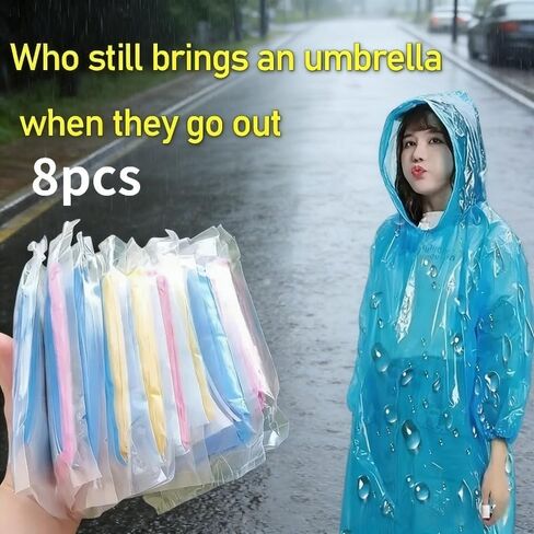 8-Pack Portable Compressed Raincoats, Disposable Emergency Rain Ponchos for Adults, Lightweight Pocket Size Rain Gear for Hiking, Camping & Fishing, Windproof PE Poncho, Assorted Colors in Kuwait