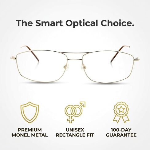 Rectangle Prescription Eyeglass Frames for Men Women - Metal Full Rim - Shiny Gold - 52-19-140 - Lightweight Comfortable Fit in Saudi Arabia