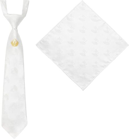 2 Pcs Boys First Holy Communion Tie and Hanky Set, Pre-Tied White Tie with Chalice Pattern, Satin Folded Handkerchief for 1st Communion Baptism in Kuwait
