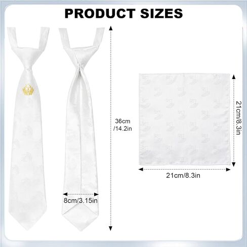 2 Pcs Boys First Holy Communion Tie and Hanky Set, Pre-Tied White Tie with Chalice Pattern, Satin Folded Handkerchief for 1st Communion Baptism in Kuwait