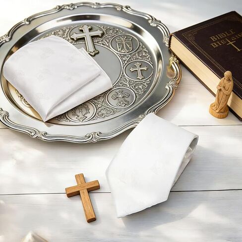 2 Pcs Boys First Holy Communion Tie and Hanky Set, Pre-Tied White Tie with Chalice Pattern, Satin Folded Handkerchief for 1st Communion Baptism in Kuwait