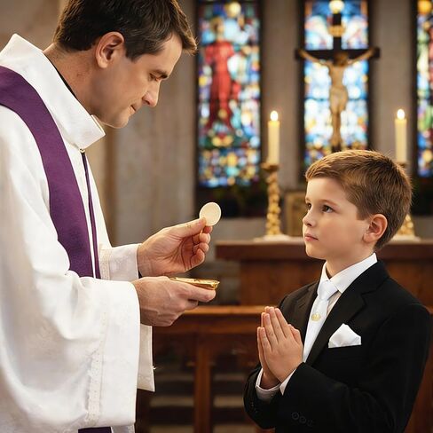 2 Pcs Boys First Holy Communion Tie and Hanky Set, Pre-Tied White Tie with Chalice Pattern, Satin Folded Handkerchief for 1st Communion Baptism in Kuwait