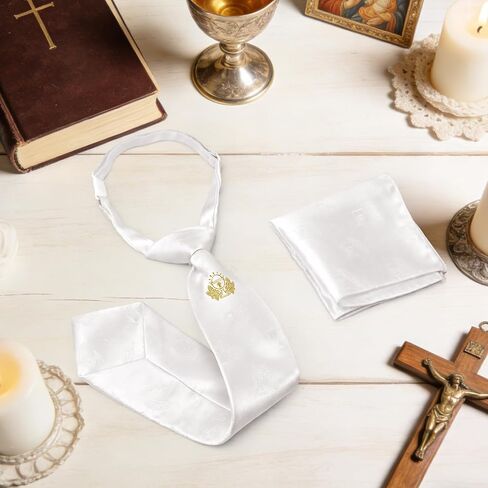 2 Pcs Boys First Holy Communion Tie and Hanky Set, Pre-Tied White Tie with Chalice Pattern, Satin Folded Handkerchief for 1st Communion Baptism in Kuwait