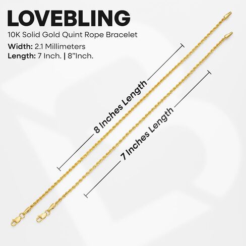LoveBling 10K Italy Standard Fine Solid Gold Quint Rope Bracelet Width: 2.1 mm in Kuwait