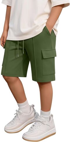 Boys Cargo Shorts Teen Pull on Athletic Drawstring Shorts with Pockets Kids Summer Lightweight Baggy Sweat Shorts in Kuwait