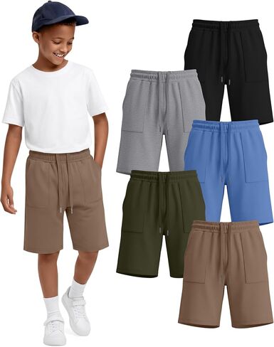 5 Pack Boys Shorts Kids Athletic Shorts Teen Summer Elastic Waist Drawstring Pull on Sweatshort Pocket 6-16Y in Kuwait