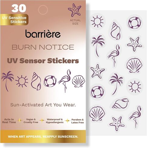 Barrière Burn Notice UV Sensitive Stickers - 30 Count | UV Detection Stickers, SPF Sunscreen Reapply Reminder, Sun-Activated Patches for Beach, Pool, Travel & Outdoor Play, Water-Resistant in Kuwait
