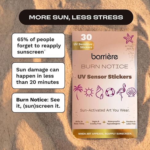Barrière Burn Notice UV Sensitive Stickers - 30 Count | UV Detection Stickers, SPF Sunscreen Reapply Reminder, Sun-Activated Patches for Beach, Pool, Travel & Outdoor Play, Water-Resistant in Kuwait