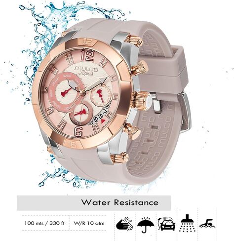 MULCO Watches for Women, Kripton Lady – 46 mm Stainless-Steel Case, Black with Wrist Silicone Band, Quartz Multifunctional Day and Date Movement,Analog Display - Rose Gold Accents, 100m- Waterproof in Kuwait