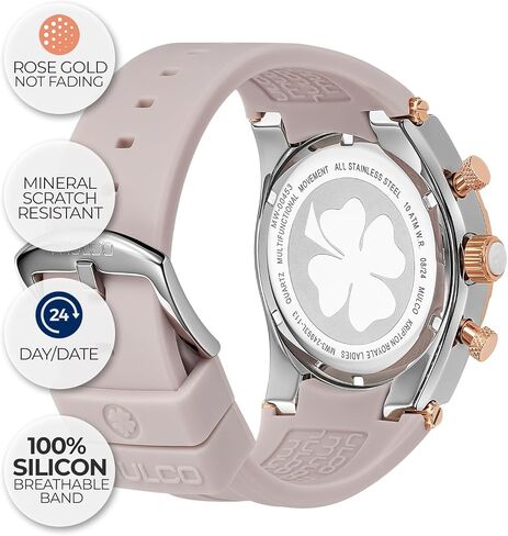 MULCO Watches for Women, Kripton Lady – 46 mm Stainless-Steel Case, Black with Wrist Silicone Band, Quartz Multifunctional Day and Date Movement,Analog Display - Rose Gold Accents, 100m- Waterproof in Kuwait
