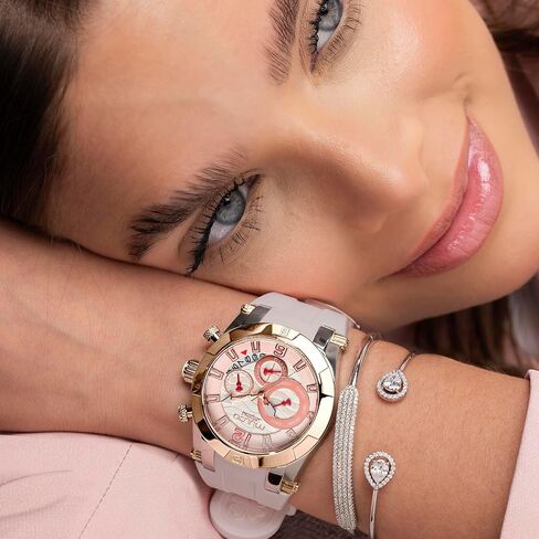 MULCO Watches for Women, Kripton Lady – 46 mm Stainless-Steel Case, Black with Wrist Silicone Band, Quartz Multifunctional Day and Date Movement,Analog Display - Rose Gold Accents, 100m- Waterproof in Kuwait