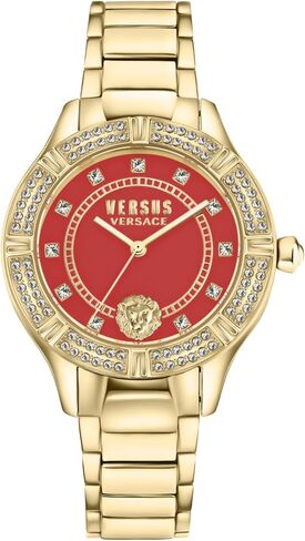 Versus Versace Canton Road Crystal Women's Watch, 36mm IP Yellow Gold Case, Red Enamel Dial, Gold Tone Bracelet, Quartz Movement, Crystal Bezel, 3 ATM Water Resistant in Kuwait