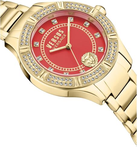 Versus Versace Canton Road Crystal Women's Watch, 36mm IP Yellow Gold Case, Red Enamel Dial, Gold Tone Bracelet, Quartz Movement, Crystal Bezel, 3 ATM Water Resistant in Kuwait