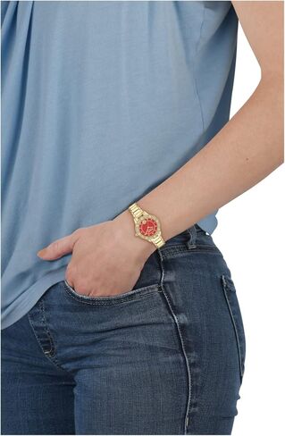 Versus Versace Canton Road Crystal Women's Watch, 36mm IP Yellow Gold Case, Red Enamel Dial, Gold Tone Bracelet, Quartz Movement, Crystal Bezel, 3 ATM Water Resistant in Kuwait
