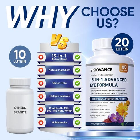 15 in 1 Advanced Eye Formula, Neurobella Eye Vitamin and Mineral Supplement for Adults & Seniors, with Lutein, Astaxanthin, Vitamin C/E, Bilberry, Promotes Eye Health, Reduces Dryness, 60 Capsules in Saudi Arabia