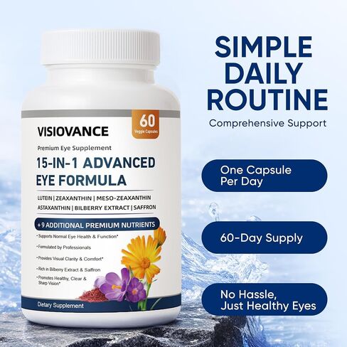 15 in 1 Advanced Eye Formula, Neurobella Eye Vitamin and Mineral Supplement for Adults & Seniors, with Lutein, Astaxanthin, Vitamin C/E, Bilberry, Promotes Eye Health, Reduces Dryness, 60 Capsules in Saudi Arabia