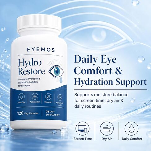 Hydro Restore, Dry Eye Comfort Support with Hyaluronic Acid, GLA, Astaxanthin, Lutein & Zeaxanthin, Tear Film & Dry Air Eye Support, 120 Capsules(1, A) in Kuwait