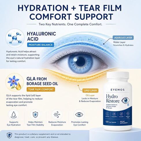 Hydro Restore, Dry Eye Comfort Support with Hyaluronic Acid, GLA, Astaxanthin, Lutein & Zeaxanthin, Tear Film & Dry Air Eye Support, 120 Capsules(1, A) in Kuwait