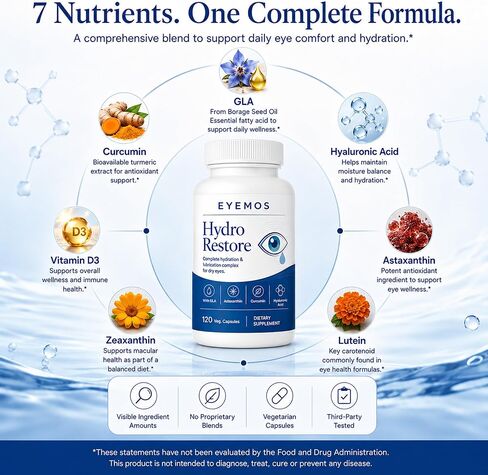 Hydro Restore, Dry Eye Comfort Support with Hyaluronic Acid, GLA, Astaxanthin, Lutein & Zeaxanthin, Tear Film & Dry Air Eye Support, 120 Capsules(1, A) in Kuwait