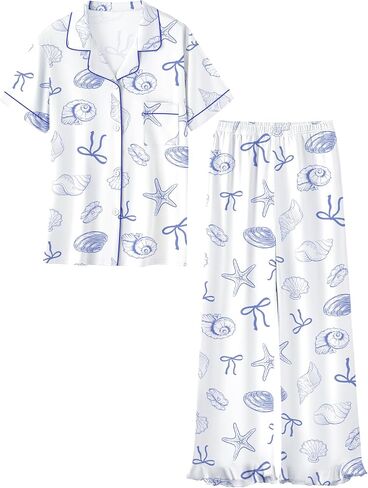 Umeyda Pajamas Set for Girls 2PCS Button-Down Short Sleeves Top and Ruffle Pants Sleepwear for Kids 5-14 Years in Kuwait