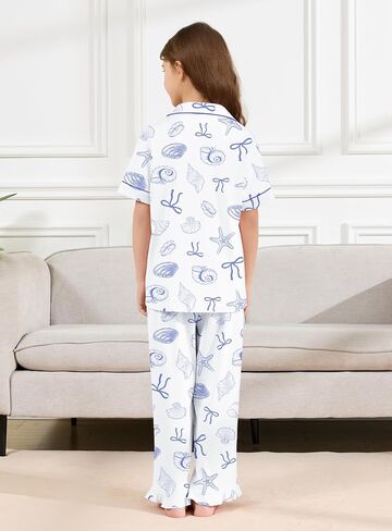 Umeyda Pajamas Set for Girls 2PCS Button-Down Short Sleeves Top and Ruffle Pants Sleepwear for Kids 5-14 Years in Kuwait