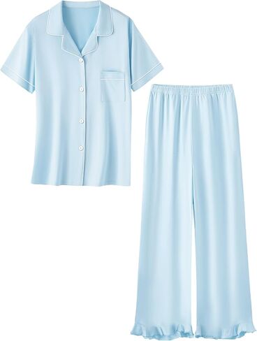 Umeyda Pajamas Set for Girls 2PCS Button-Down Short Sleeves Top and Ruffle Pants Sleepwear for Kids 5-14 Years in Kuwait
