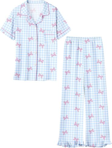 Umeyda Pajamas Set for Girls 2PCS Button-Down Short Sleeves Top and Ruffle Pants Sleepwear for Kids 5-14 Years in Kuwait