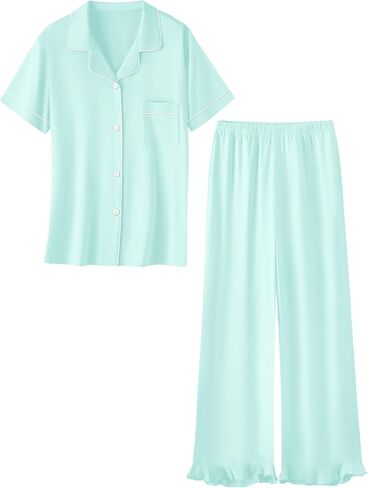 Umeyda Pajamas Set for Girls 2PCS Button-Down Short Sleeves Top and Ruffle Pants Sleepwear for Kids 5-14 Years in Kuwait