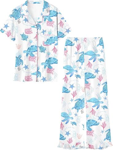 Umeyda Pajamas Set for Girls 2PCS Button-Down Short Sleeves Top and Ruffle Pants Sleepwear for Kids 5-14 Years in Kuwait