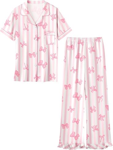 Umeyda Pajamas Set for Girls 2PCS Button-Down Short Sleeves Top and Ruffle Pants Sleepwear for Kids 5-14 Years in Kuwait