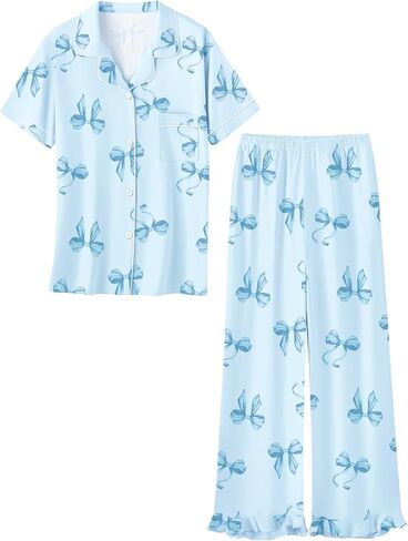 Umeyda Pajamas Set for Girls 2PCS Button-Down Short Sleeves Top and Ruffle Pants Sleepwear for Kids 5-14 Years in Kuwait