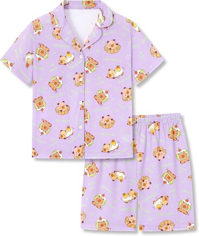 Topgal Girls Summer Pajamas - Coat Style Cute Graphic Prints Button Up Lapel Short Sleeves Kid's 2-Piece PJS Size 6-18 in Saudi Arabia