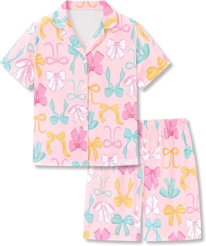 Topgal Girls Summer Pajamas - Coat Style Cute Graphic Prints Button Up Lapel Short Sleeves Kid's 2-Piece PJS Size 6-18 in Saudi Arabia