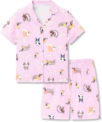 Topgal Girls Summer Pajamas - Coat Style Cute Graphic Prints Button Up Lapel Short Sleeves Kid's 2-Piece PJS Size 6-18 in Saudi Arabia