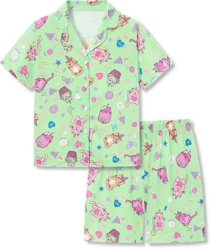 Topgal Girls Summer Pajamas - Coat Style Cute Graphic Prints Button Up Lapel Short Sleeves Kid's 2-Piece PJS Size 6-18 in Saudi Arabia
