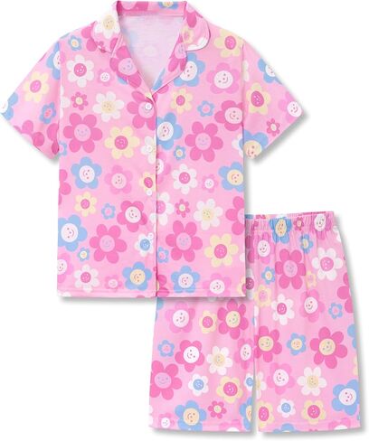 Topgal Girls Summer Pajamas - Coat Style Cute Graphic Prints Button Up Lapel Short Sleeves Kid's 2-Piece PJS Size 6-18 in Saudi Arabia