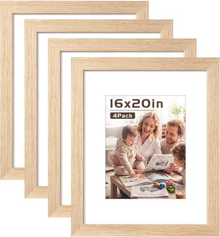 Abtgt Solid Wood 18x24 Frame, Gallery Wall Frame Set of 4, Natural | Display 16x20 with Mat or 18x24 without Mat, Wall Horizontal or Vertical Display, Woodgrain Finish in Saudi Arabia