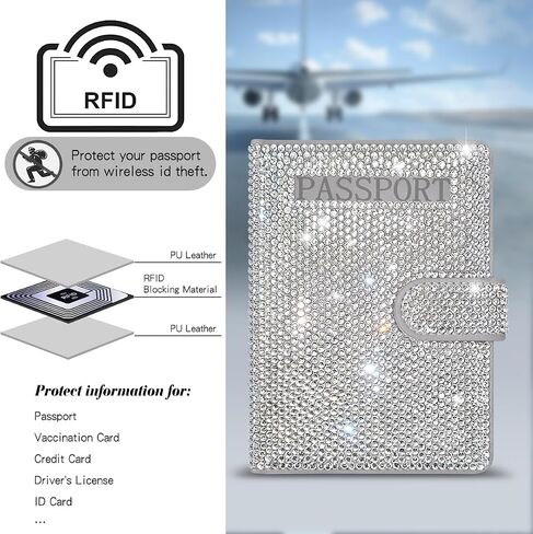 Bling Passport Holder for Travel Women Rhinestones Passport Book Holder Boarding Pass Set (White) in Saudi Arabia