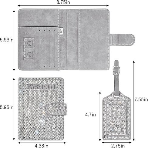 Bling Passport Holder for Travel Women Rhinestones Passport Book Holder Boarding Pass Set (White) in Saudi Arabia
