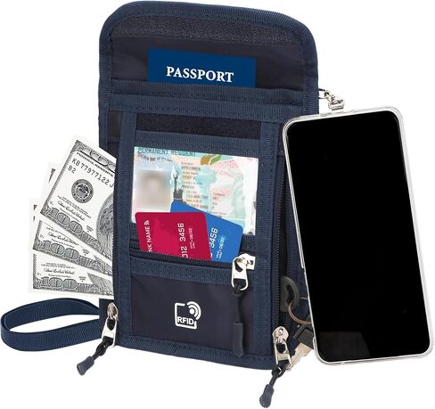 Passport Holder for Travel with Phone Clip, RFID Blocking Neck Wallet, Secure Neck Pouch with Zipper Compartments and ID Window for Men and Women (Blue) in Kuwait