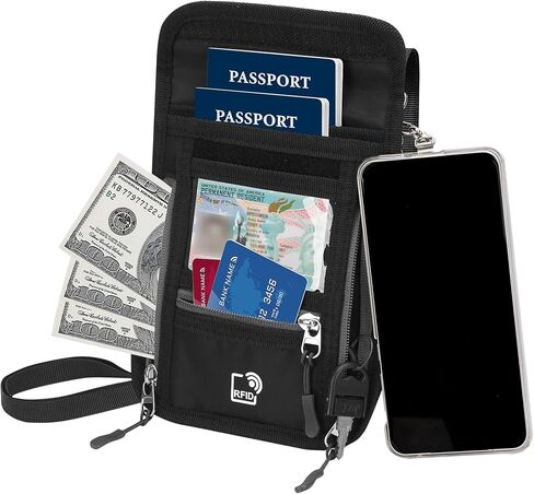 Passport Holder for Travel with Phone Clip, RFID Blocking Neck Wallet, Secure Neck Pouch with Zipper Compartments and ID Window for Men and Women (Blue) in Kuwait