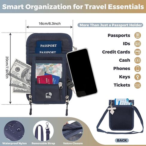 Passport Holder for Travel with Phone Clip, RFID Blocking Neck Wallet, Secure Neck Pouch with Zipper Compartments and ID Window for Men and Women (Blue) in Kuwait