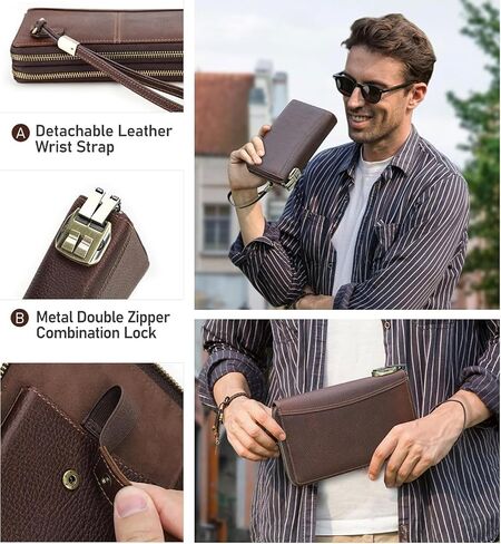 Men's Full Grain Leather Travel Passport Wallet Large Capacity Wristlet Clutch Phone Organizer Purse (Coffee) in Kuwait