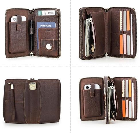Men's Full Grain Leather Travel Passport Wallet Large Capacity Wristlet Clutch Phone Organizer Purse (Coffee) in Kuwait