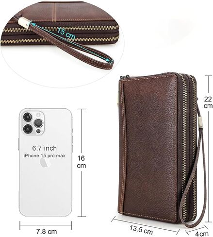 Men's Full Grain Leather Travel Passport Wallet Large Capacity Wristlet Clutch Phone Organizer Purse (Coffee) in Kuwait
