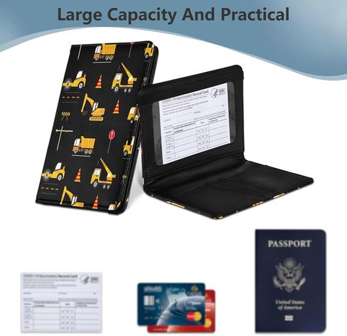 linqin Cute Construction Machinery for Kids Passport and Vaccine Card Holder Combo Leather Passport Case 4x3 CDC Vaccination Card Protector/Covers Waterproof Wallet for Travel in Saudi Arabia